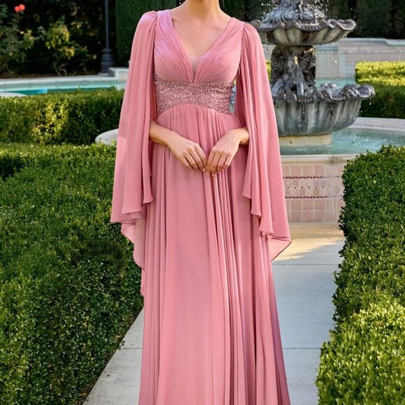 Emerald green mother of the bride dress. Formal party evening cape sleeve weddin - Picture 3 of 4